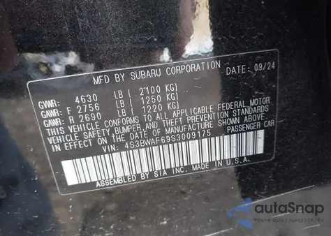 2025 Subaru Legacy Premium из США, поврежденный, VIN 4S3BWAF69S3009175